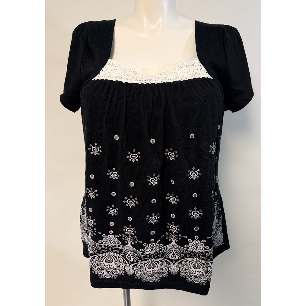 Fashion Bug Top Lace Black White Crinkle Sz 22 Glitter Deadstock Y2K Stretch